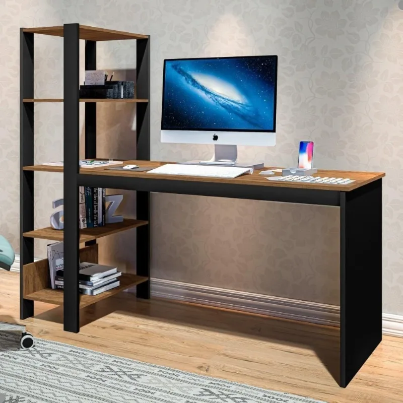 Mesa para Escritório Retangular Mesa Industrial Simet Moderno sem Gavetas MDP 120CM Preto e Canela