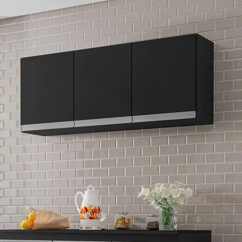 Armário Aéreo Caleus 120cm 3 Portas MDP Porta Bater Preto Fosco AJL Móveis