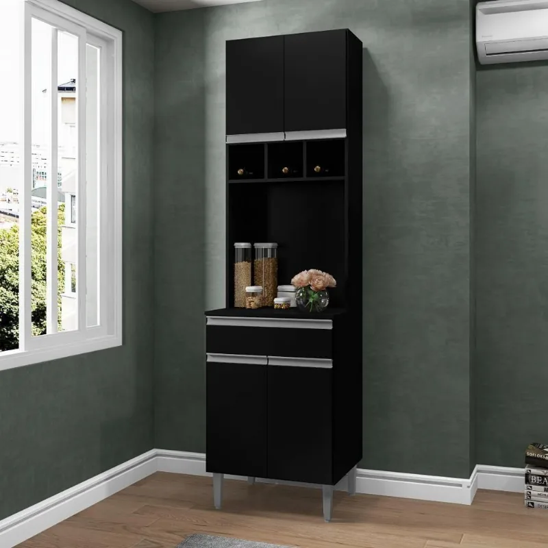 Paneleiro Calero 4 Portas 4 Prateleiras 61CM Preto AJL Móveis