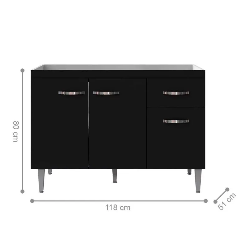 Balcão de Cozinha Gabriela 3 Portas 1 Gaveta 118CM Preto Fosco AJL Móveis