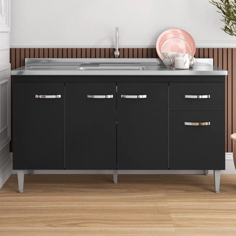 Balcão De Cozinha Caleva 4 Portas 1 Gaveta 145cm Preto Fosco Ajl Móveis