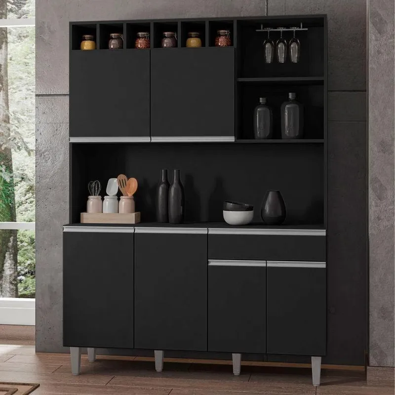 Armário De Cozinha Completo Delara 6 Portas 1 Gaveta 130cm Preto Ajl Móveis