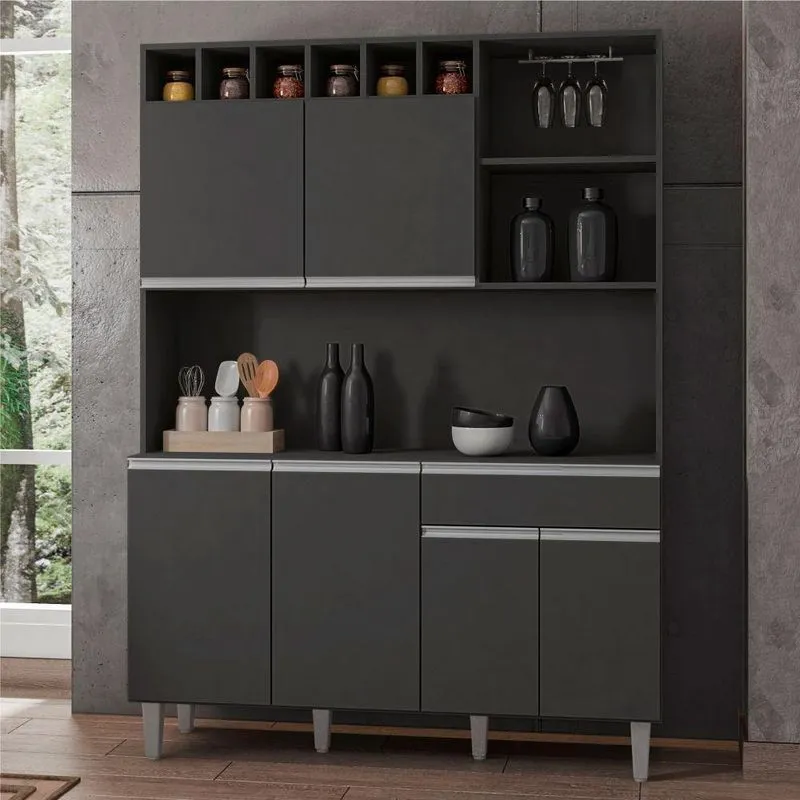 Armário De Cozinha Completo Delara 6 Portas 1 Gaveta Cinza Ajl Móveis