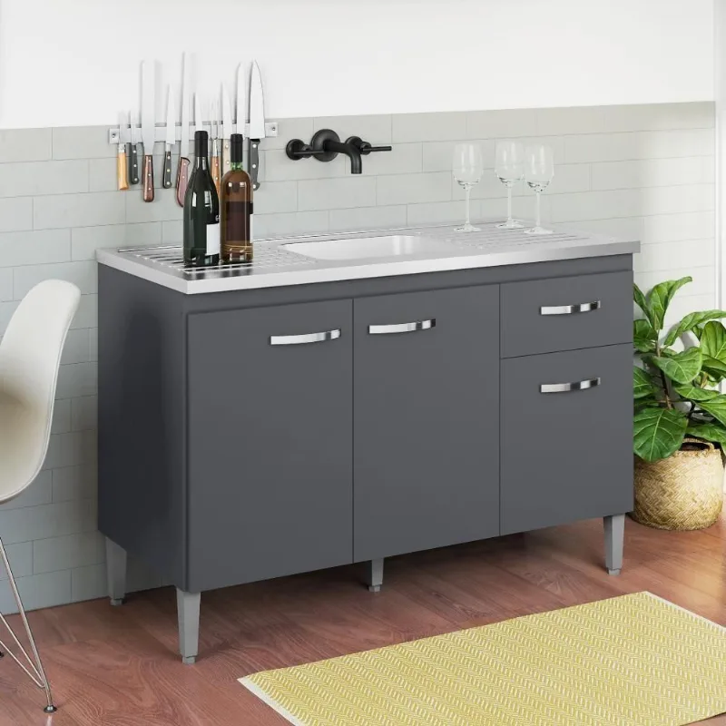 Balcão de Cozinha Calila 3 Portas MDP 118CM Cinza Fosco AJL Móveis