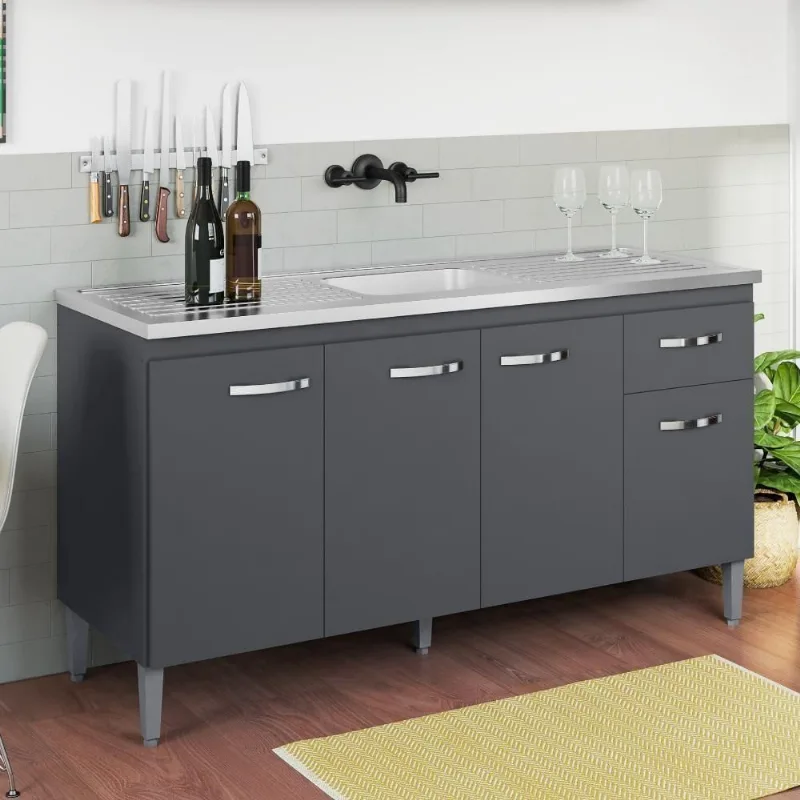 Balcão de Cozinha Gabriela 4 Portas 1 Prateleira MDP 145CM Cinza Fosco