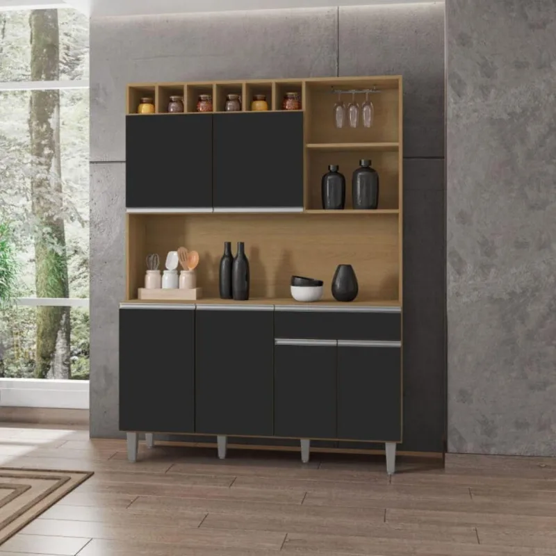 Balcão de Cozinha Delara 6 Portas 1 Gaveta MDP 130CM Amêndoa Preto AJL Móveis