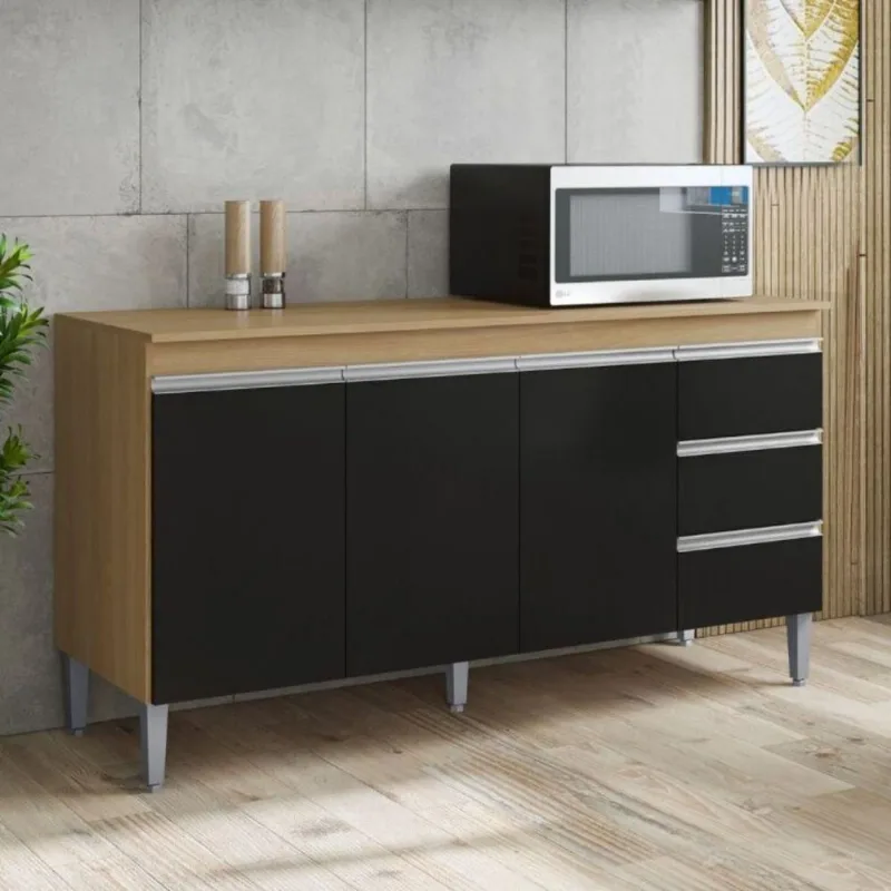 Balcão de Cozinha Aéreo 3 Portas 1 Prateleira MDP 51CM Preto AJL Móveis