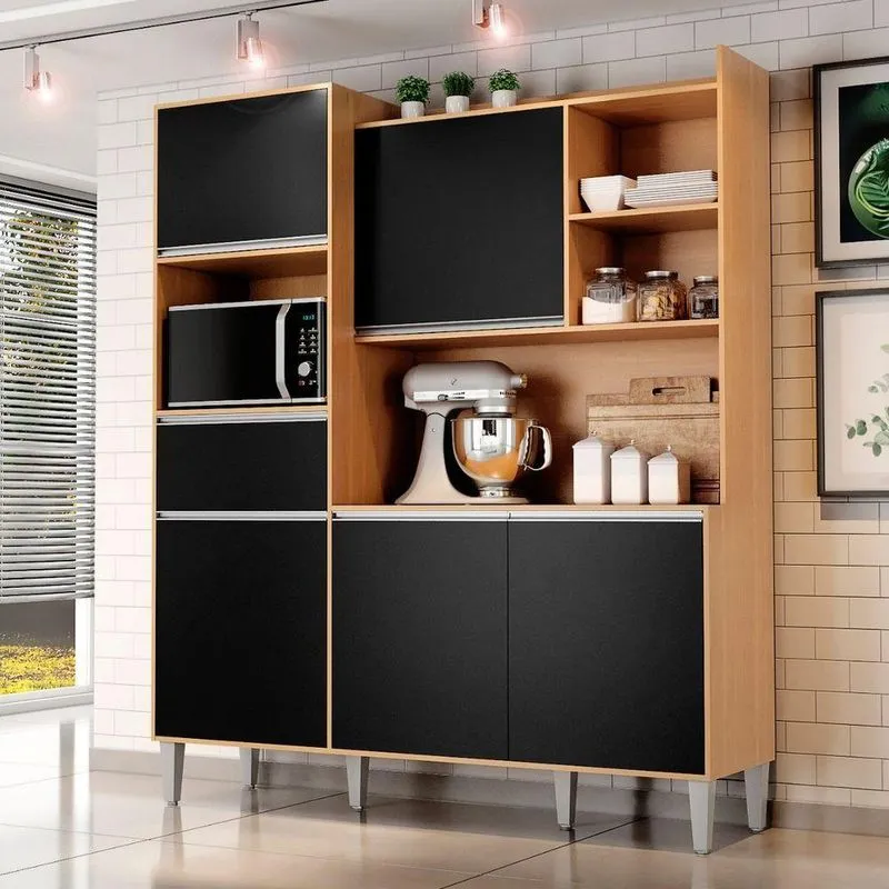 Armario De Cozinha Completo Deleva 160cm Amendoa Preto Ajl Moveis