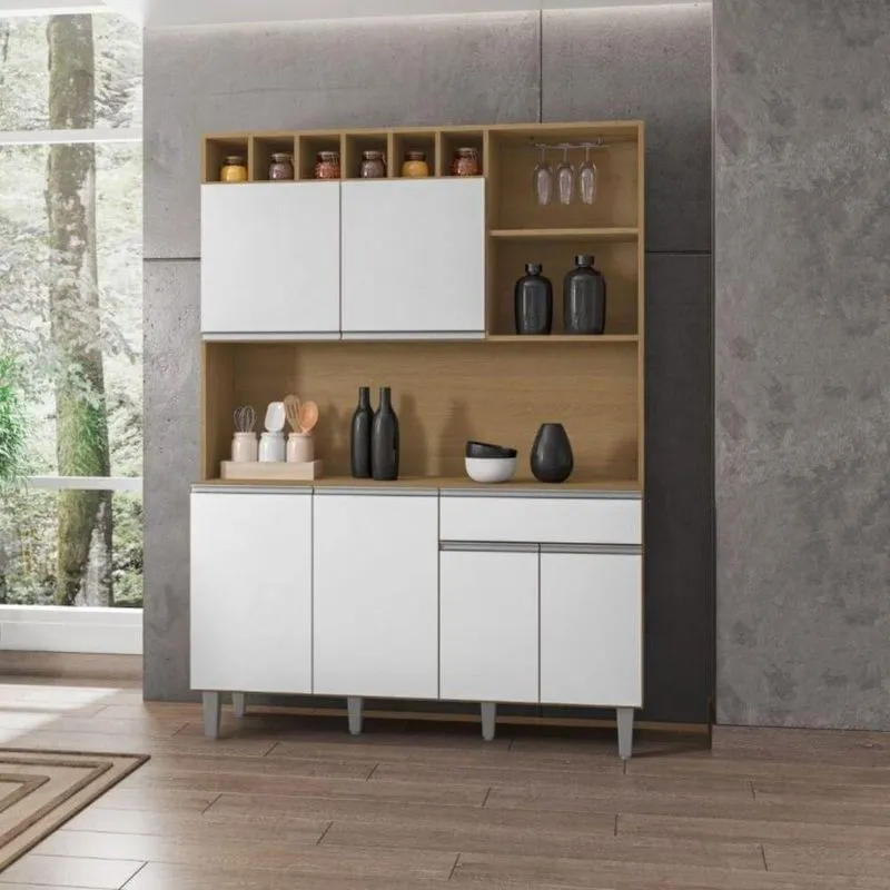 Armário De Cozinha Completo Delara 6 Portas 1 Gaveta MDP 130cm Amêndoa Branco