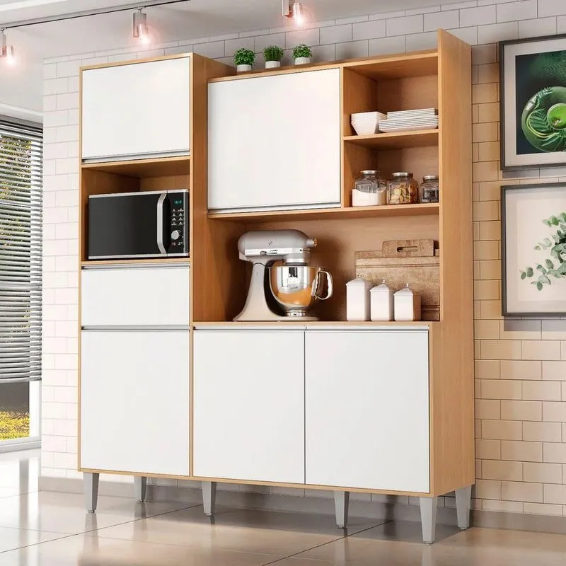 Armário De Cozinha Completo Deleva 160cm Amêndoa Branco Ajl Móveis