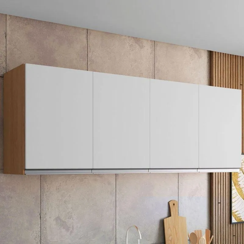 Armário Aéreo De Cozinha Laura 150cm 4 Portas MDP Amêndoa Branco AJL Móveis