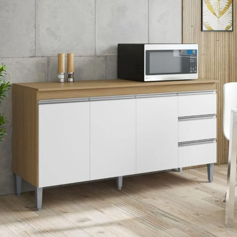 Balcão de Cozinha Solar do Lago 3 Portas 3 Gavetas MDP Amêndoa Branco AJL Móveis