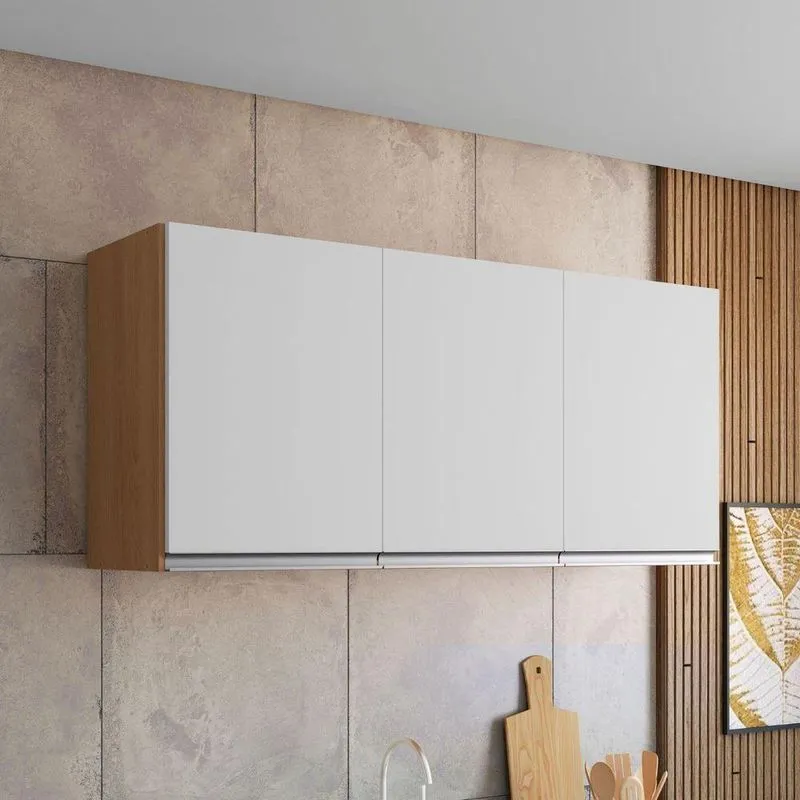 Armário Aéreo De Cozinha Maia 120cm 3 Portas MDP De Bater Amêndoa Preto AJL Móveis
