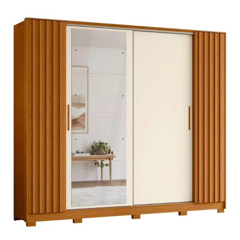 Guarda Roupa Casal Gael 4 Portas de Bater 4 Gavetas MDP com Espelho Cinamomo Off White Albatroz