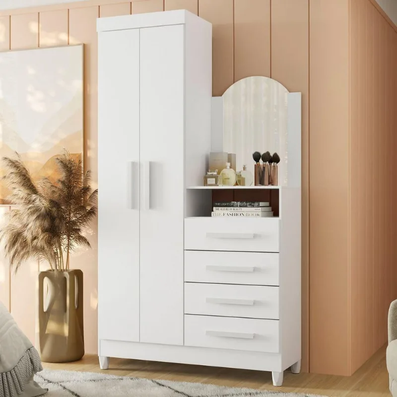 Guarda Roupa Casal Porto de Siena 2 Portas de Bater 4 Gavetas Espelho Branco Albatroz Móveis