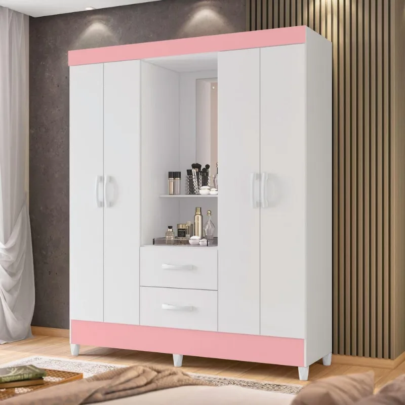 Guarda Roupa Casal Natura 4 Portas de Bater 2 Gavetas MDP Branco Rosa Albatroz Móveis