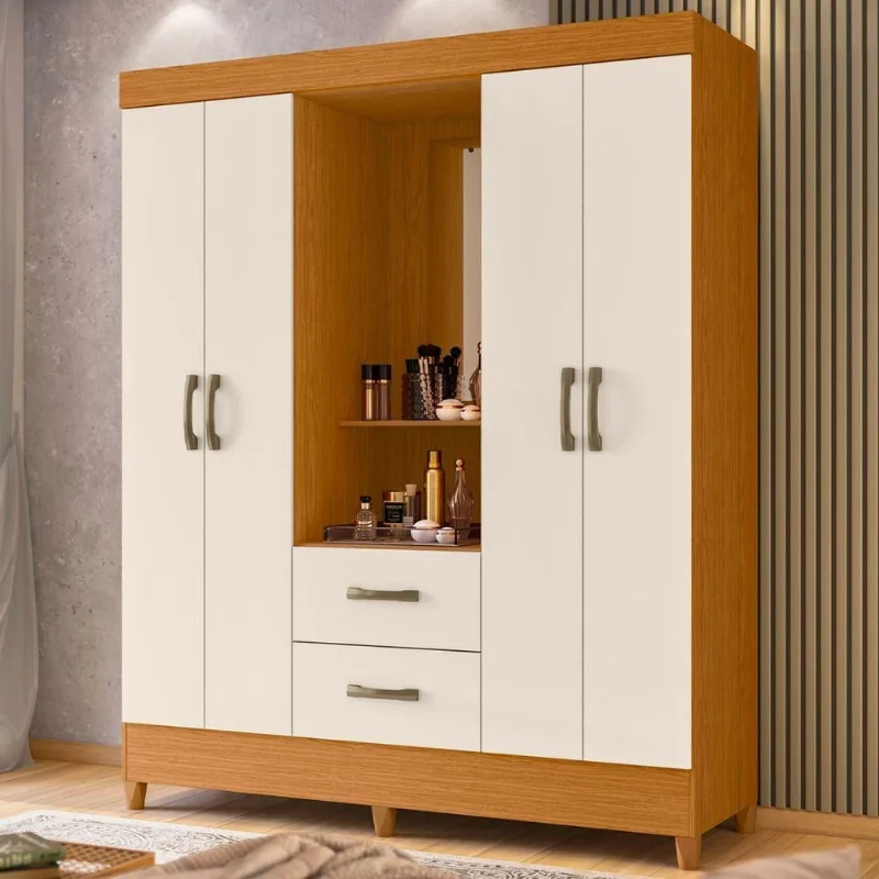Guarda Roupa Casal Linea 4 Portas 2 Gavetas MDP com Espelho Cinamomo Off White Albatroz Móveis