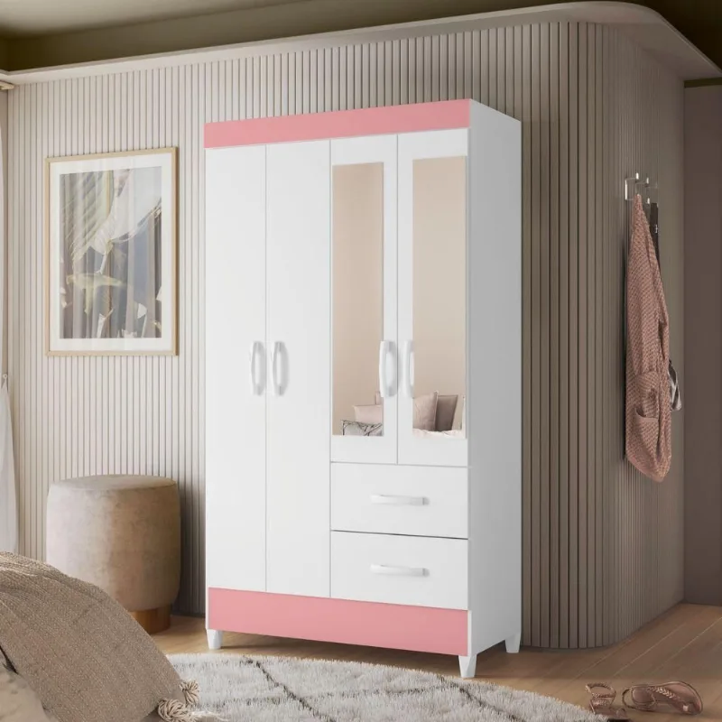 Guarda Roupa Solteiro Ayla 4 Portas de Bater 2 Gavetas MDP Branco Rosa Albatroz Móveis