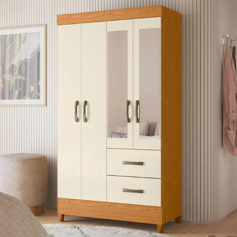 Guarda Roupa Casal Parma 4 Portas de Bater 2 Gavetas com Espelho Cinamomo Off White Albatroz Móveis