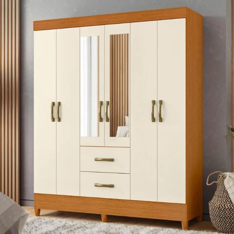 Guarda Roupa Casal Arius 6 Portas de Bater 2 Gavetas MDP com Espelho Cinamomo Off White Albatroz
