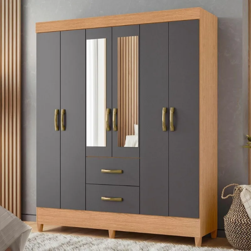 Guarda Roupa Casal Porto de Siena 6 Portas de Bater 2 Gavetas MDP Freijó Titanium Albatroz Móveis