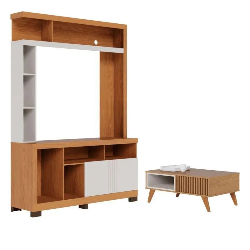 Conjunto Mesa E Estante Para TV Mesa Nilo 2 Portas 2 Prateleiras MDP MDF 136cm Freijó Off White