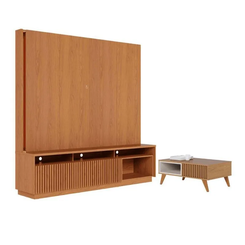 Conjunto Mesa E Estante Para Sala Casa Nobile 2 Portas 1 Prateleira Mdp Mdf 200cm Freijó Off White
