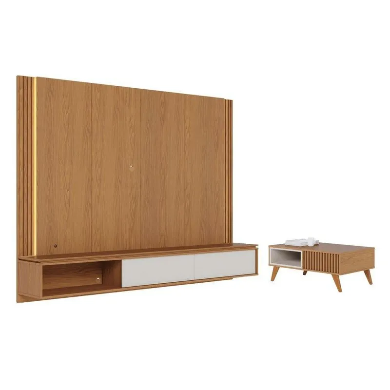 Conjunto Mesa E Painel Suspenso Maia Para Tv 75 217cm Mdp Mdf Freijo Off White Colibri Móveis