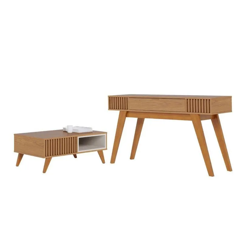 Conjunto Mesa E Aparador Meraki Moderno Sem Porta 1 Gaveta MDF-MDP 136cm Freijó Colibri Móveis