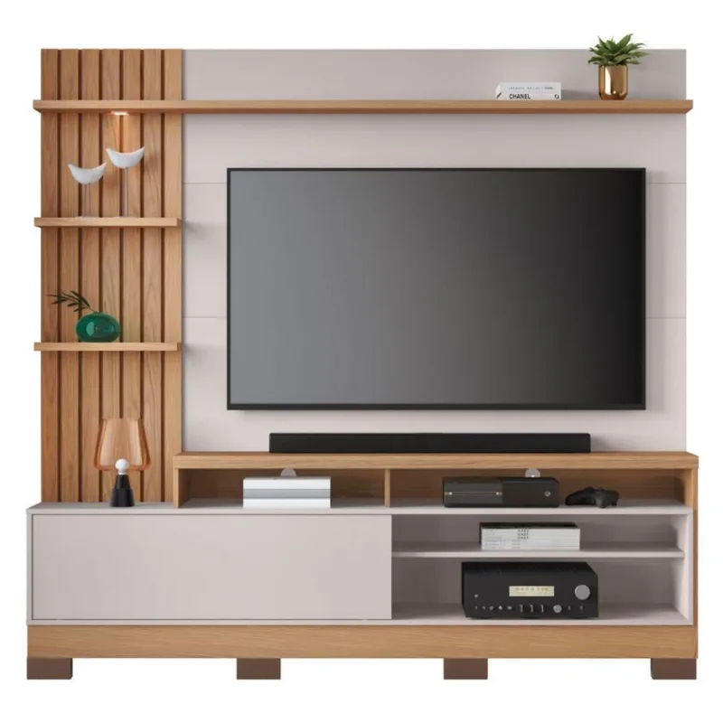 Home para TV Atena 65" 200CM MDF-MDP Ripado com LED Freijó Off White Colibri Móveis