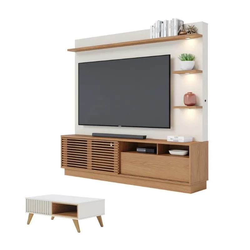 Home para TV com Mesa de Centro Conjunto Barton para TV 70 200CM MDP Freijo Off White Matte Colibri