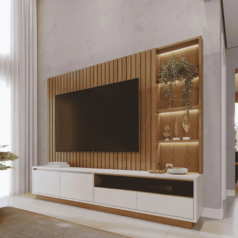 Estante para TV Natura sem Porta 3 Prateleiras MDP 240CM Freijó Off White Matte
