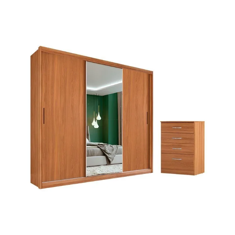 Conjunto de Guarda Roupa Casal e Cômoda Ari 3 Portas 2 Gavetas MDP Amêndola Touch- Off White