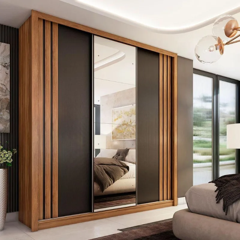 Guarda Roupa Casal Celeste 3 Portas Correr 2 Gavetas MDF com Espelho Amêndola Touch e Preto Prime