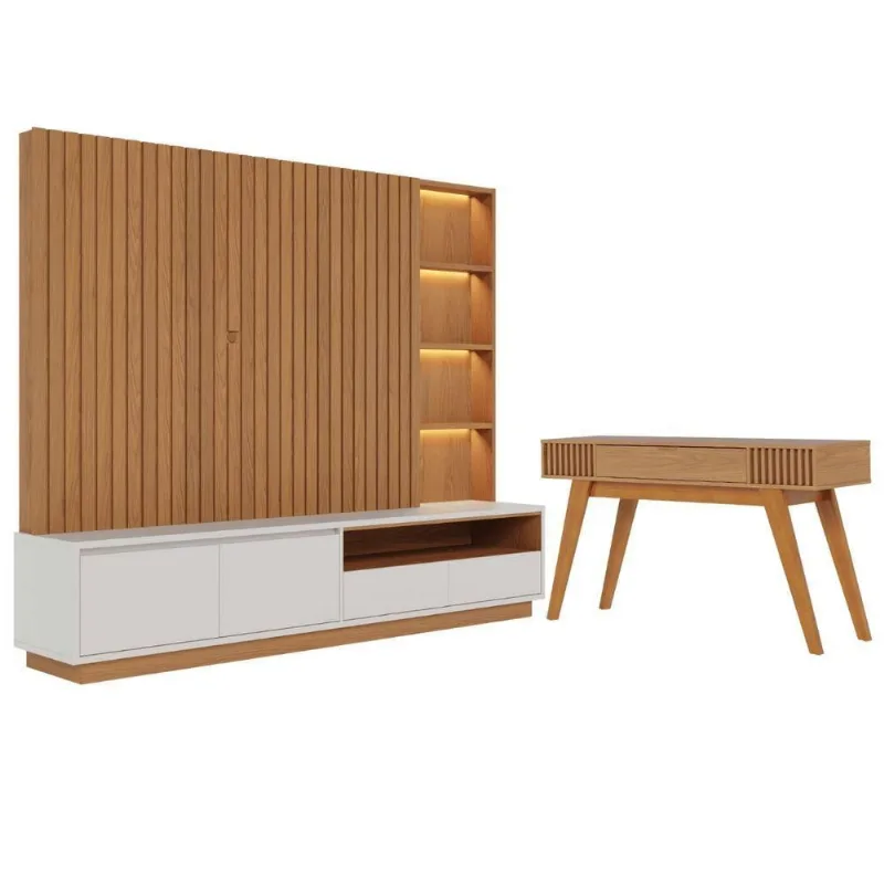 Conjunto Aparador e Estante Vale para TV 240CM MDP MDF Freijo Off White Matte Colibri Móveis