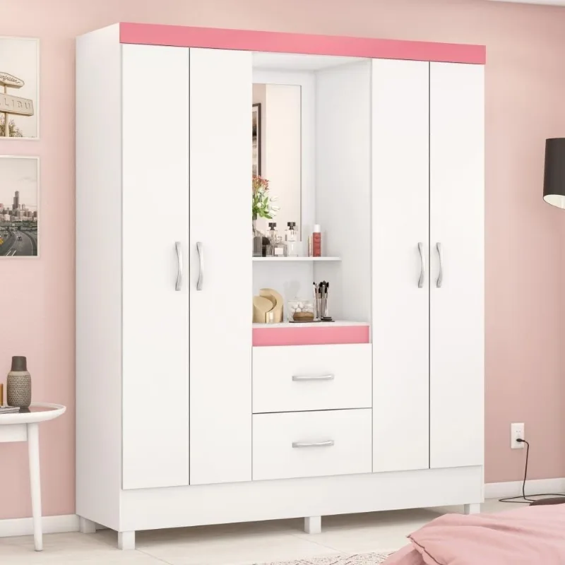 Guarda Roupa Casal Ravenna 4 Portas 2 Gavetas MDP Branco-Rosa Demóbile
