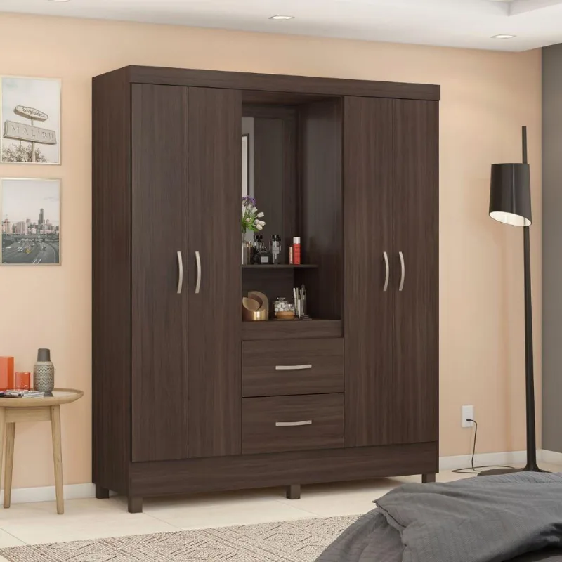 Guarda Roupa Casal Gaia 4 Portas de Bater 2 Gavetas MDP Café Touch Demóbile