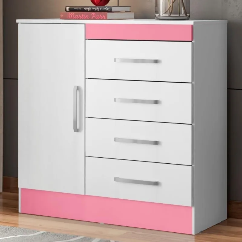 Cômoda Fidji 1 Porta 4 Gavetas MDP Branco Rosa Demóbile