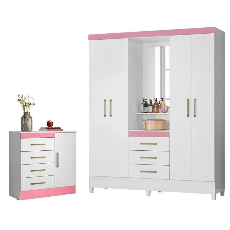 Conjunto Guarda Roupa E Cômoda Porta Bella 5 Portas 7 Gavetas Mdp Branco Rosa Demóbile