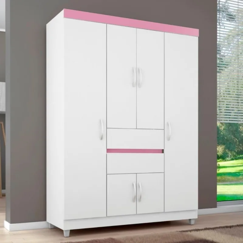 Guarda Roupa Casal Atria 6 Portas 2 Gavetas MDP Branco-Rosa-Branco Demóbile