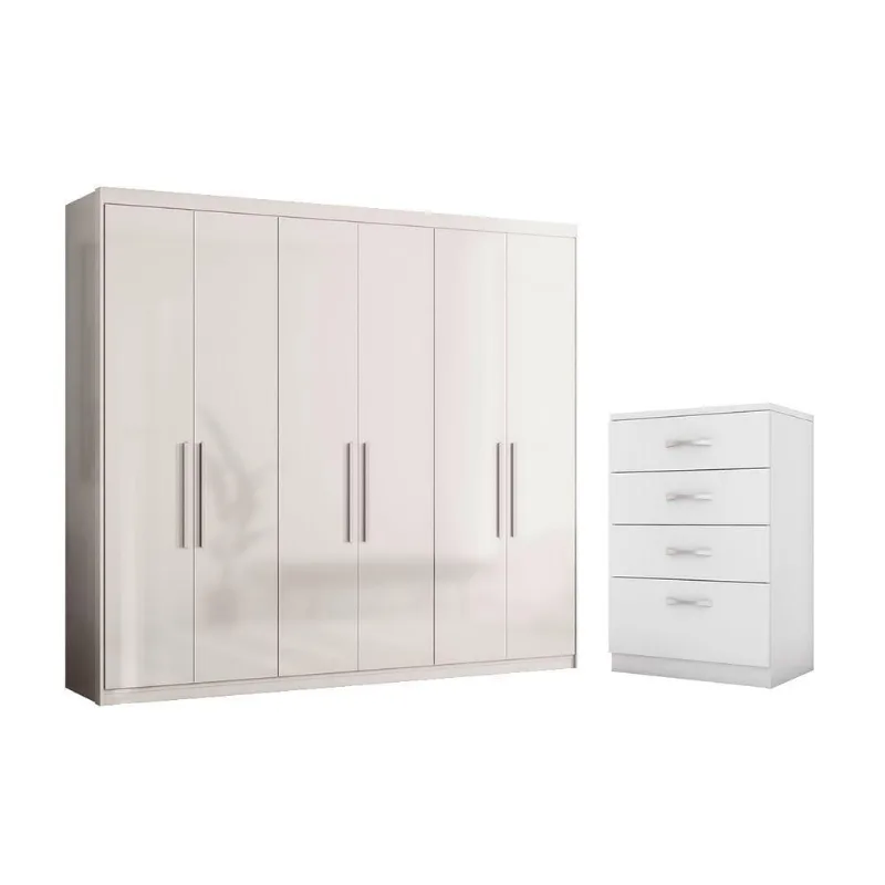 Guarda Roupa Casal Monet 6 Portas de Bater 4 Gavetas MDF Branco Demóbile