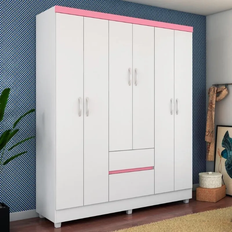 Guarda Roupa Casal Jade 6 Portas 2 Gavetas MDP Branco-Rosa Demóbile