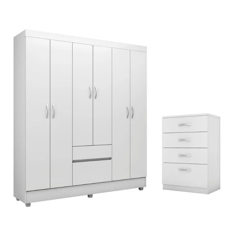 Conjunto de Guarda Roupa Solteiro e Cômoda Villa do Cedro 6 Portas 6 Gavetas MDP Branco Demóbile