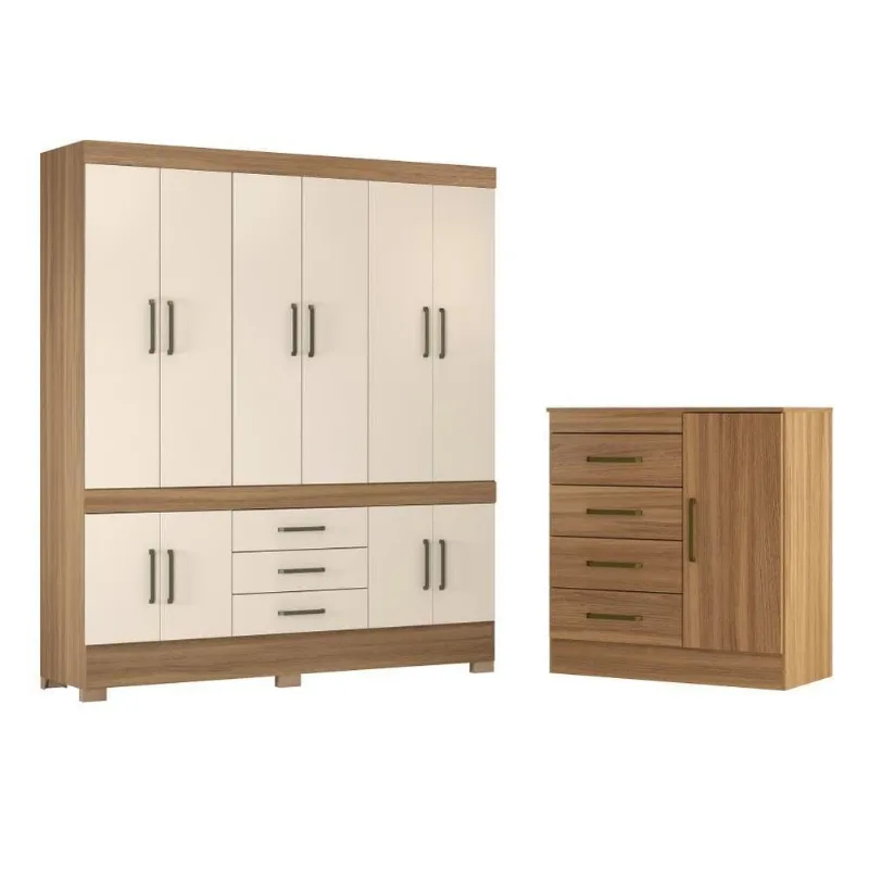 Conjunto de Guarda Roupa e Cômoda Casal Cairo 10 Portas 4 Gavetas MDP Amêndola Off White Demóbile