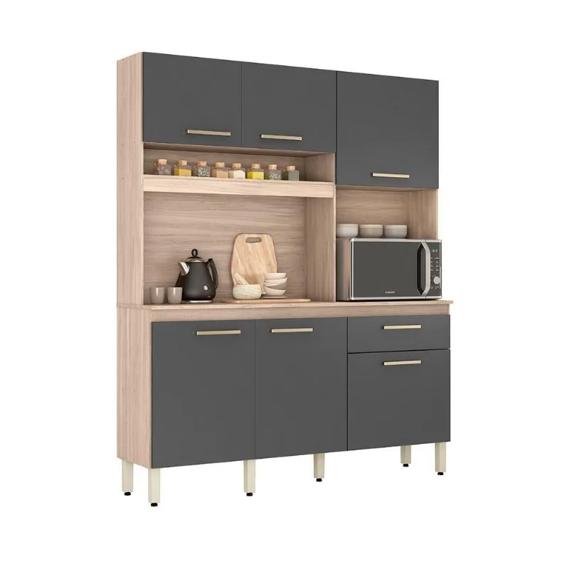 Cozinha Compacta Nexo 6 Portas 1 Gaveta MDP Avena Grafito Demóbile