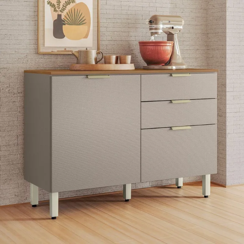 Balcão de Cozinha Linha Dourada Nude Prime Touch 1 Porta 2 Gavetas 120CM Amendola Touch Demóbile