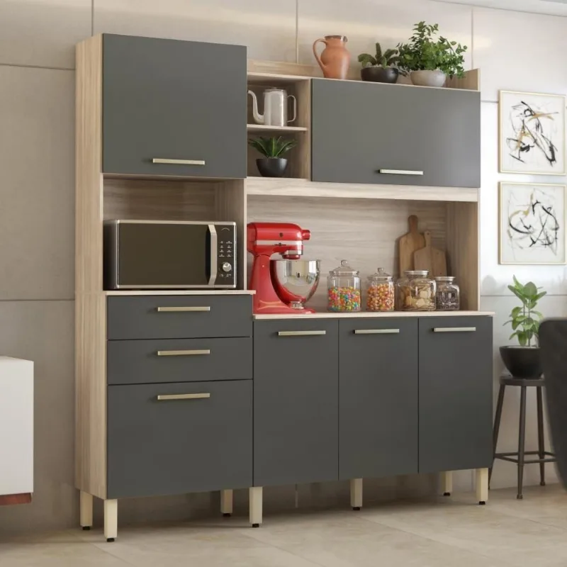 Armário Balcão Cozinha Completa Nilo 6 Portas 4 Prateleiras MDP 178CM Avena Grafito