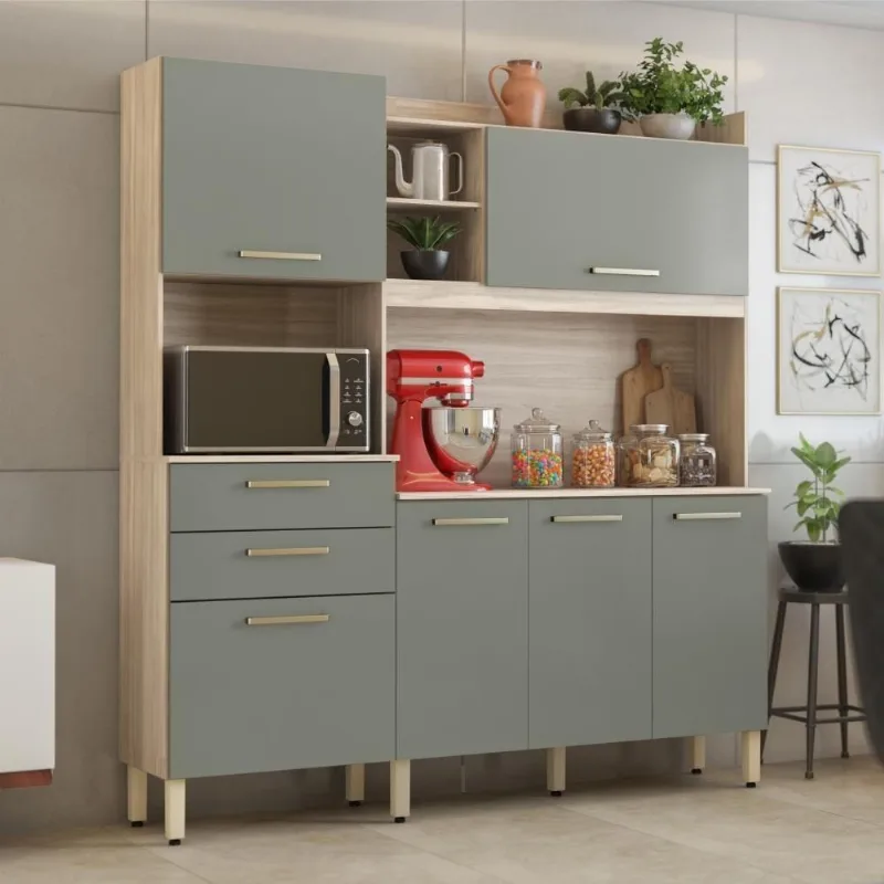 Armário Balcão Cozinha Completa 6 Portas Savana Avena Menta 4 Prateleiras MDP 178CM Marrom