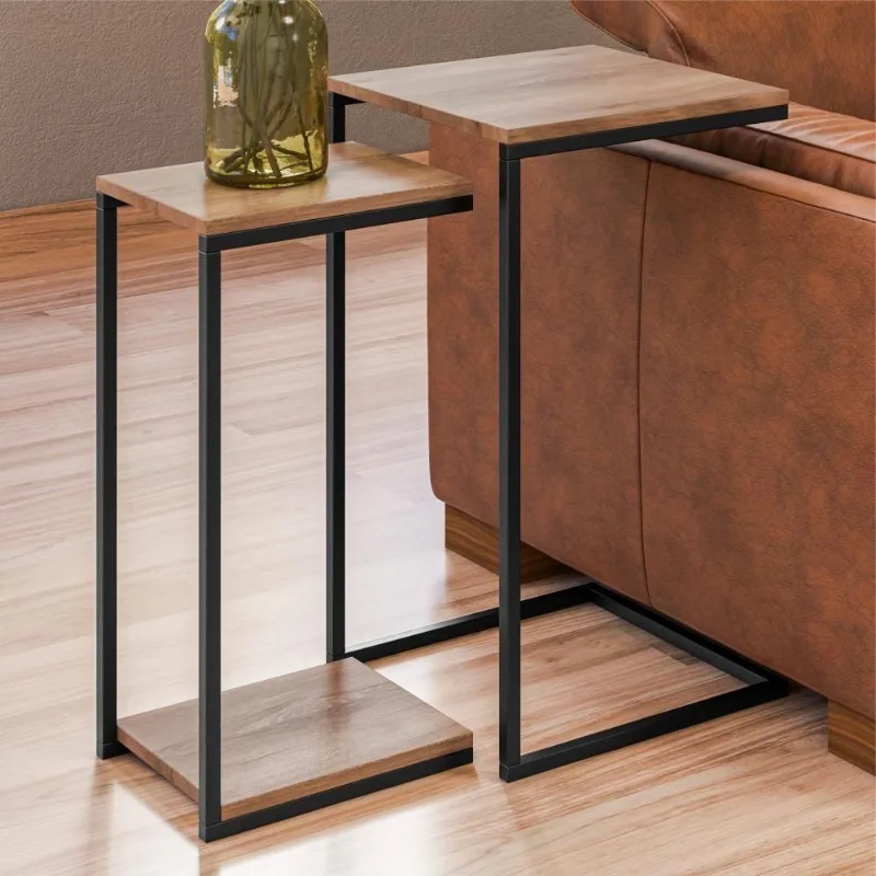 Mesa Auxiliar Conjunto Mesas Industriais Guilherm Madeira Quadrado MDF Aço Amadeirado