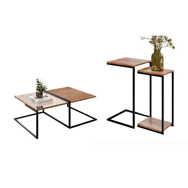 Mesa De Centro Com Mesas Laterais Conjunto De Sala Retangular Vidro Mdp Preto 90cm